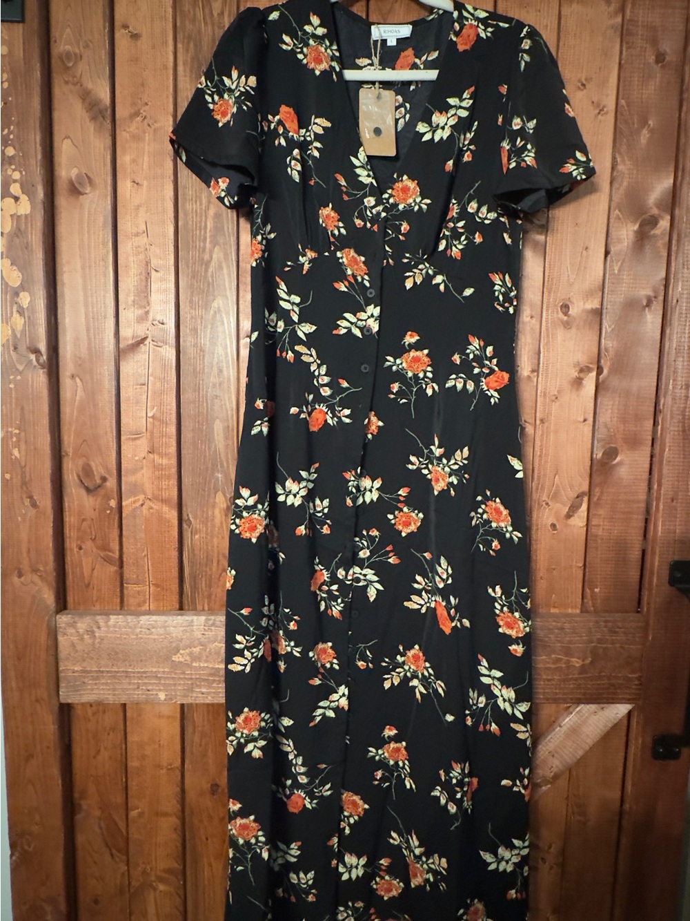 RIHOAS Black Maxi Dress with Orange Floral Print